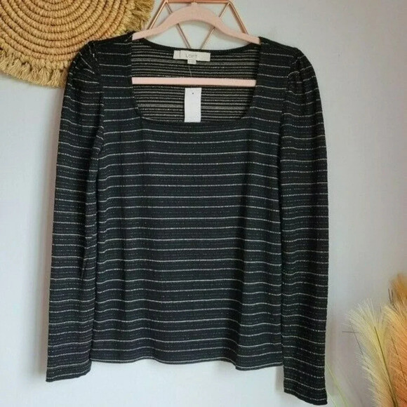 LOFT, New, Black Sparkle Puff Sleeve Square Neck Stretch Knit Top Size Medium - Picture 8 of 12
